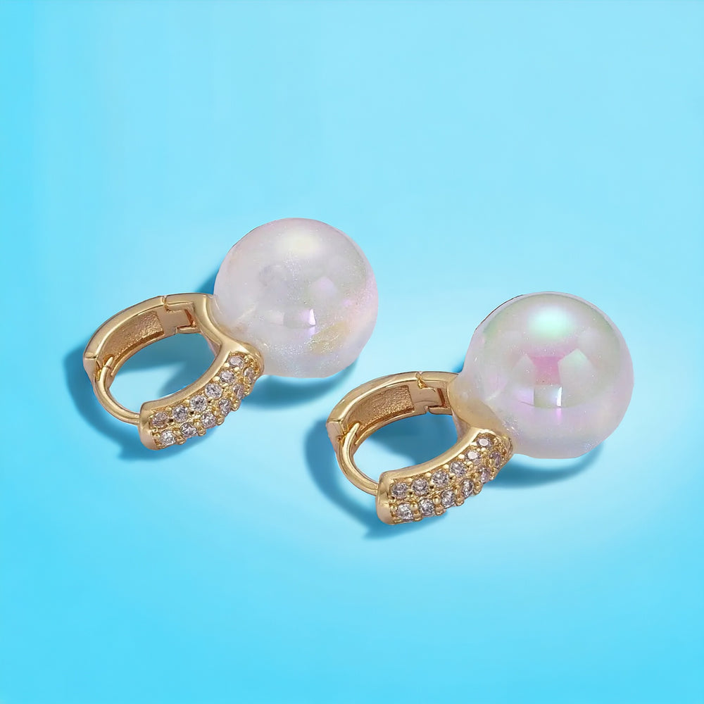 Gold Diamond Hoop Round White Pearl Huggie Earrings