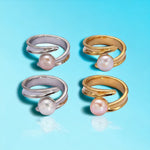 14K Gold Filled Pink, White Pearl Curved Wrap Band Minimalist Ring in Gold & Silver