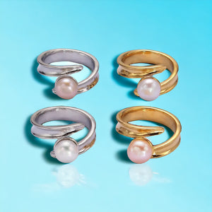 14K Gold Filled Pink, White Pearl Curved Wrap Band Minimalist Ring in Gold & Silver