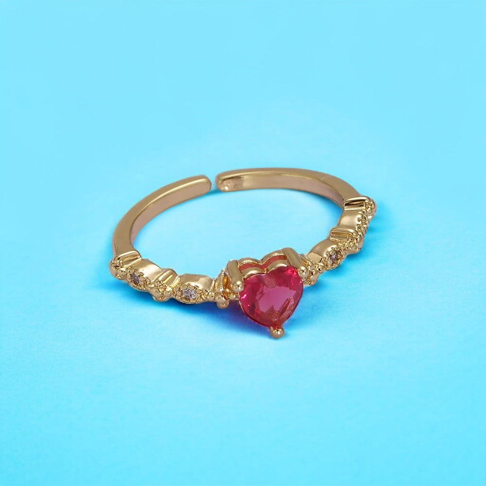 Fuchsia Pink Heart Gold Adjustable Open Ring