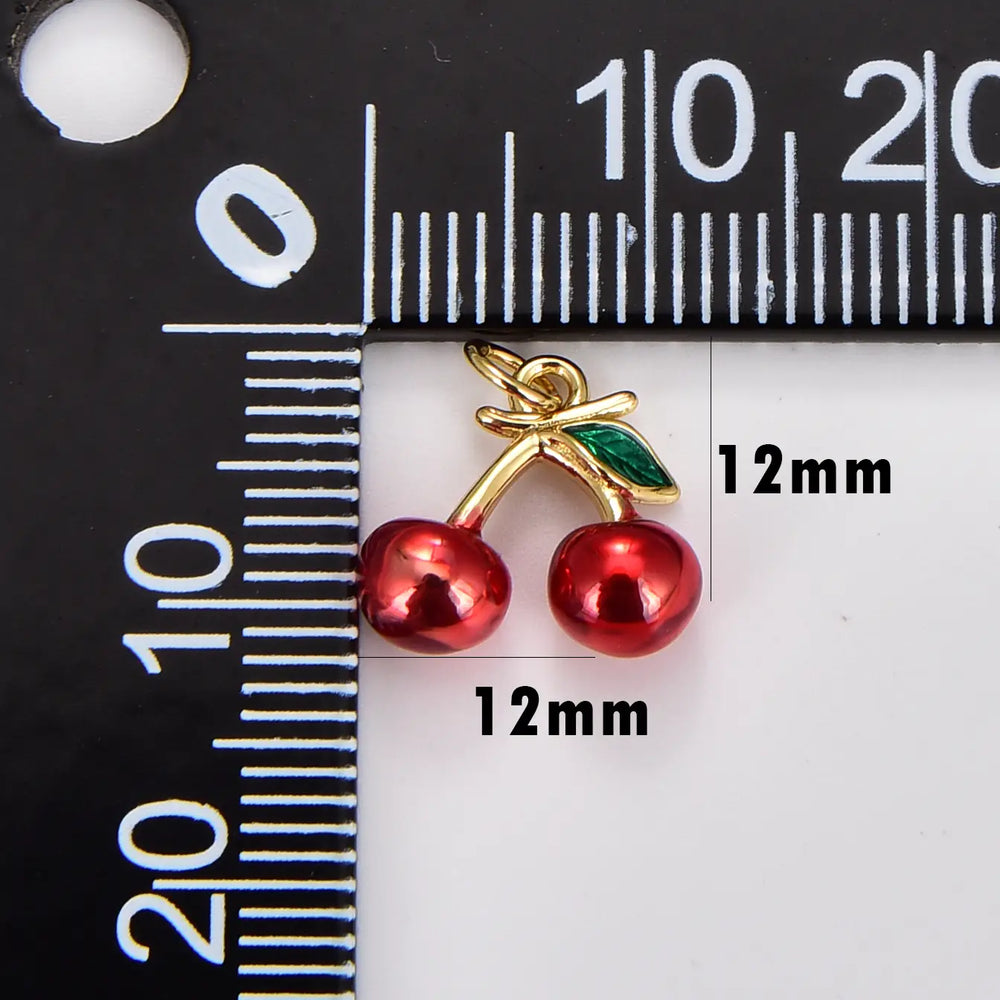 Gold Filled Red Enamel Cherry Fruit Charm Pendant
