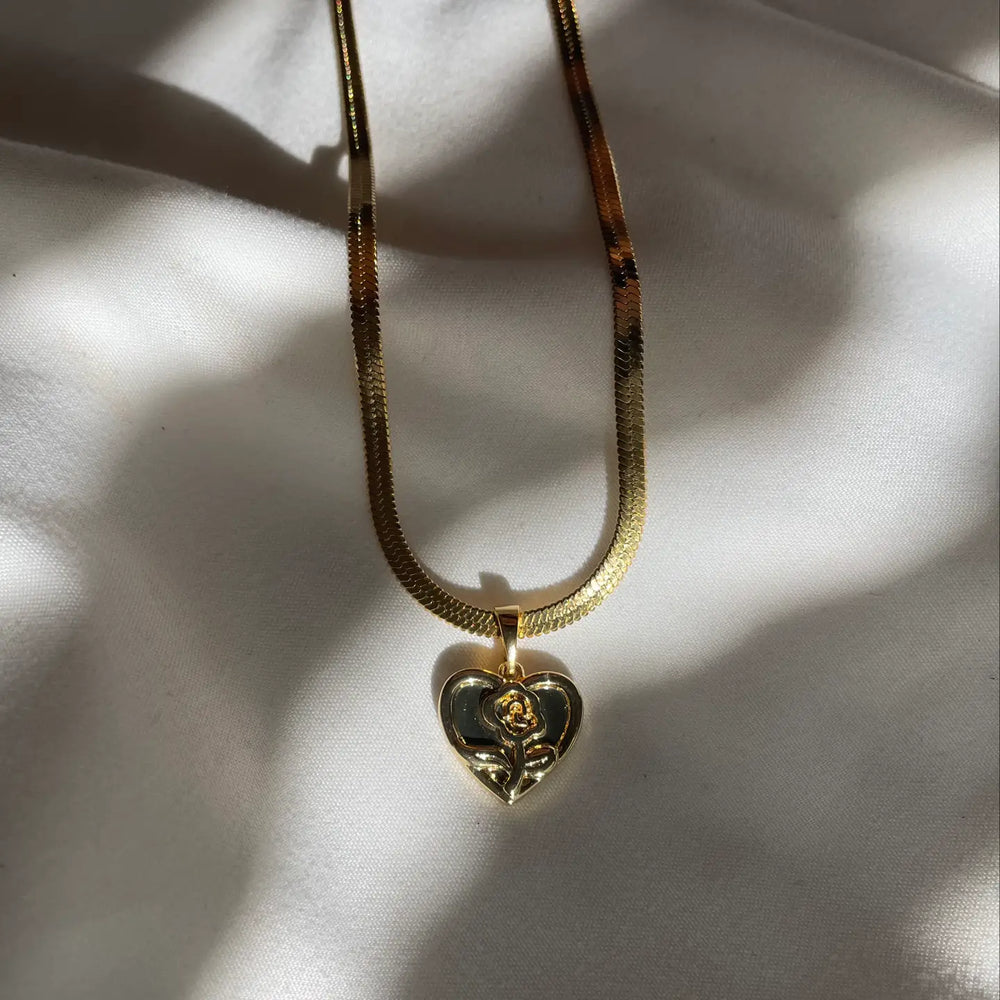 Your Song 24k Herringbone Necklace. Gold Heart Rose Charm
