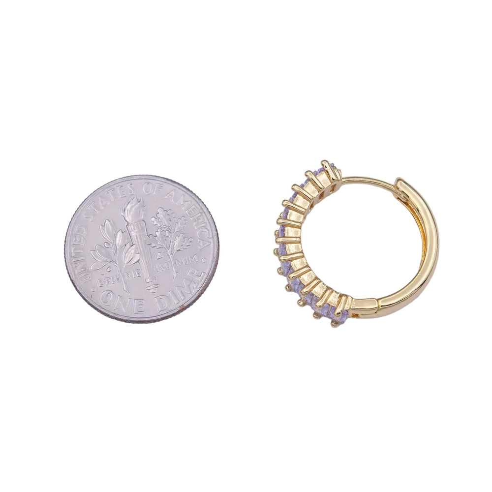24K Gold Filled Clear Purple Baguette Lined 18.5mm Huggie Hoop Earrings