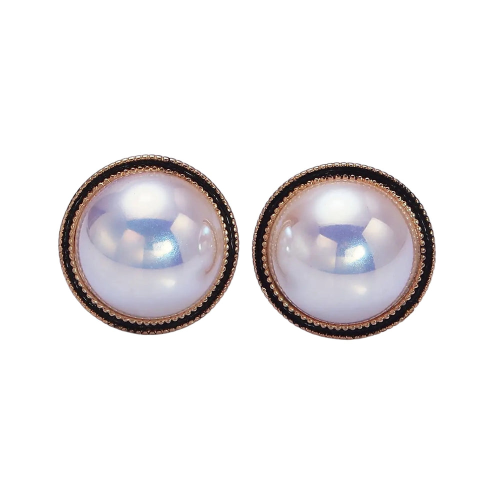 18K Gold Filled Rounded Pearl Black Enamel Stud Earrings