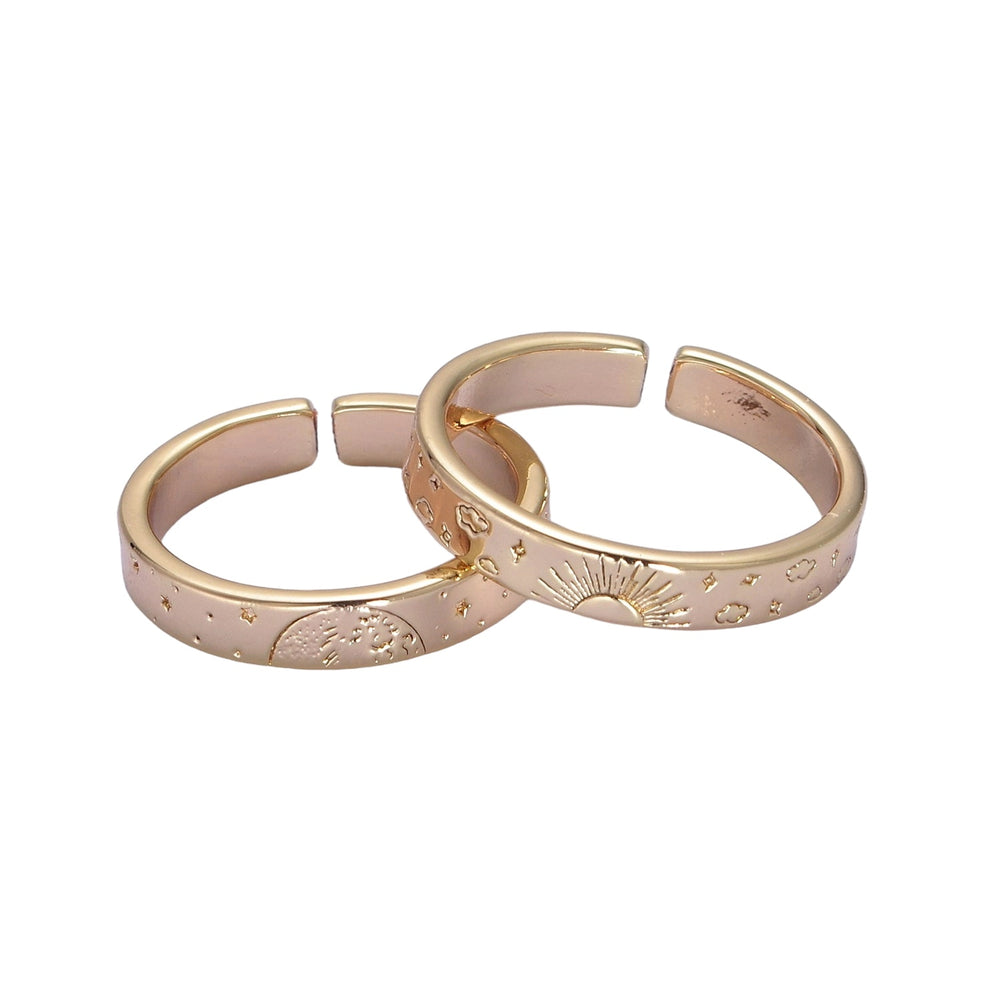 Gold Celestial Astronomy Best Friend, Twin Flame, Planet Love Set, Engraved Sun, Moon, Cloud & Stars Ring