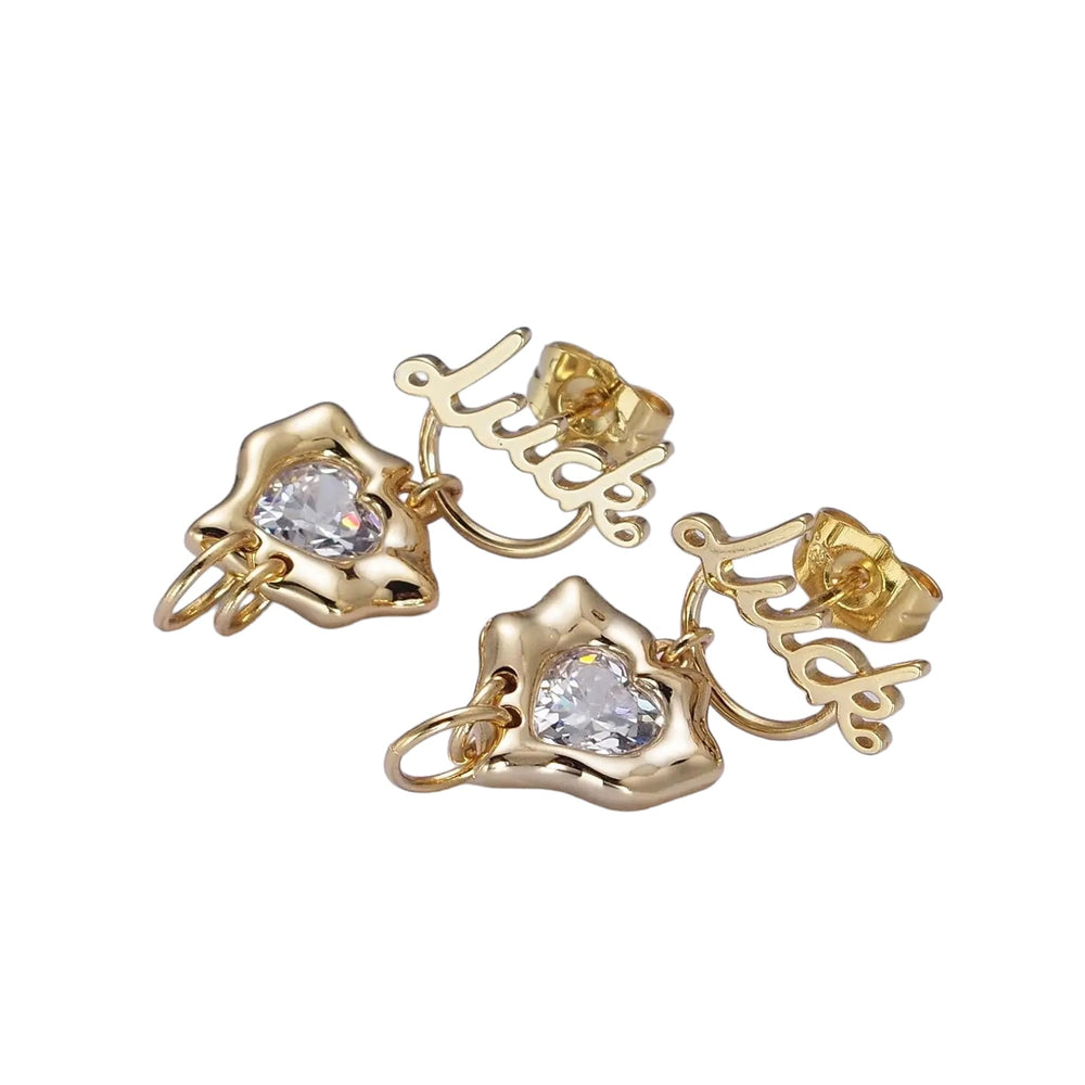 18K Gold Filled Minimalist Stud Earring "Luck" Heart Earrings with Cubic Zirconia Crystal