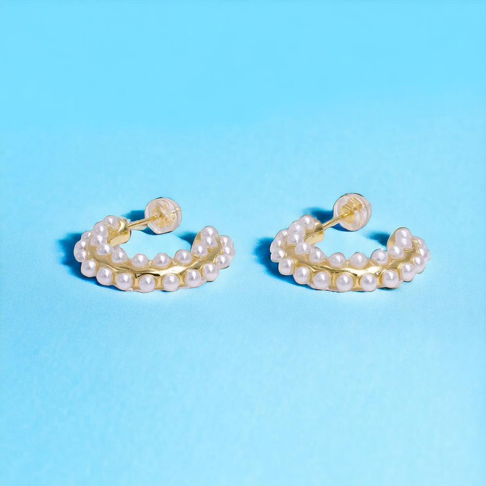 Gold Filled White Pearl Lined 20mm C-Shaped Hoop Earrings