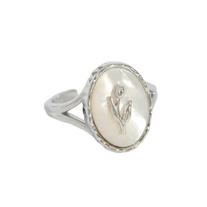 Rose Flower Pearl Oval Signet Ring in Gold & 925 Sterling Silver