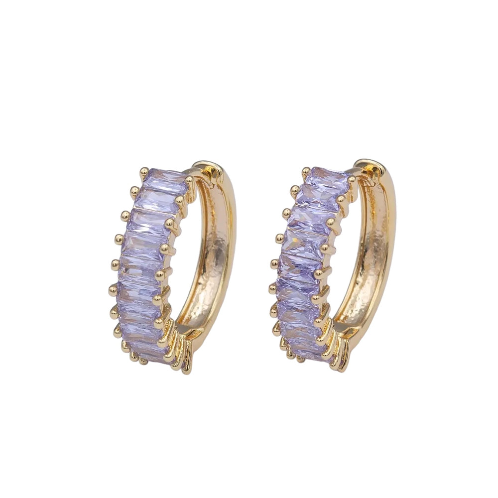 24K Gold Filled Clear Purple Baguette Lined 18.5mm Huggie Hoop Earrings