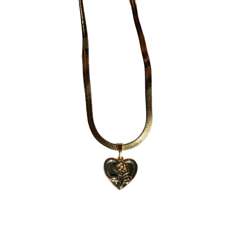 Your Song 24k Herringbone Necklace. Gold Heart Rose Charm