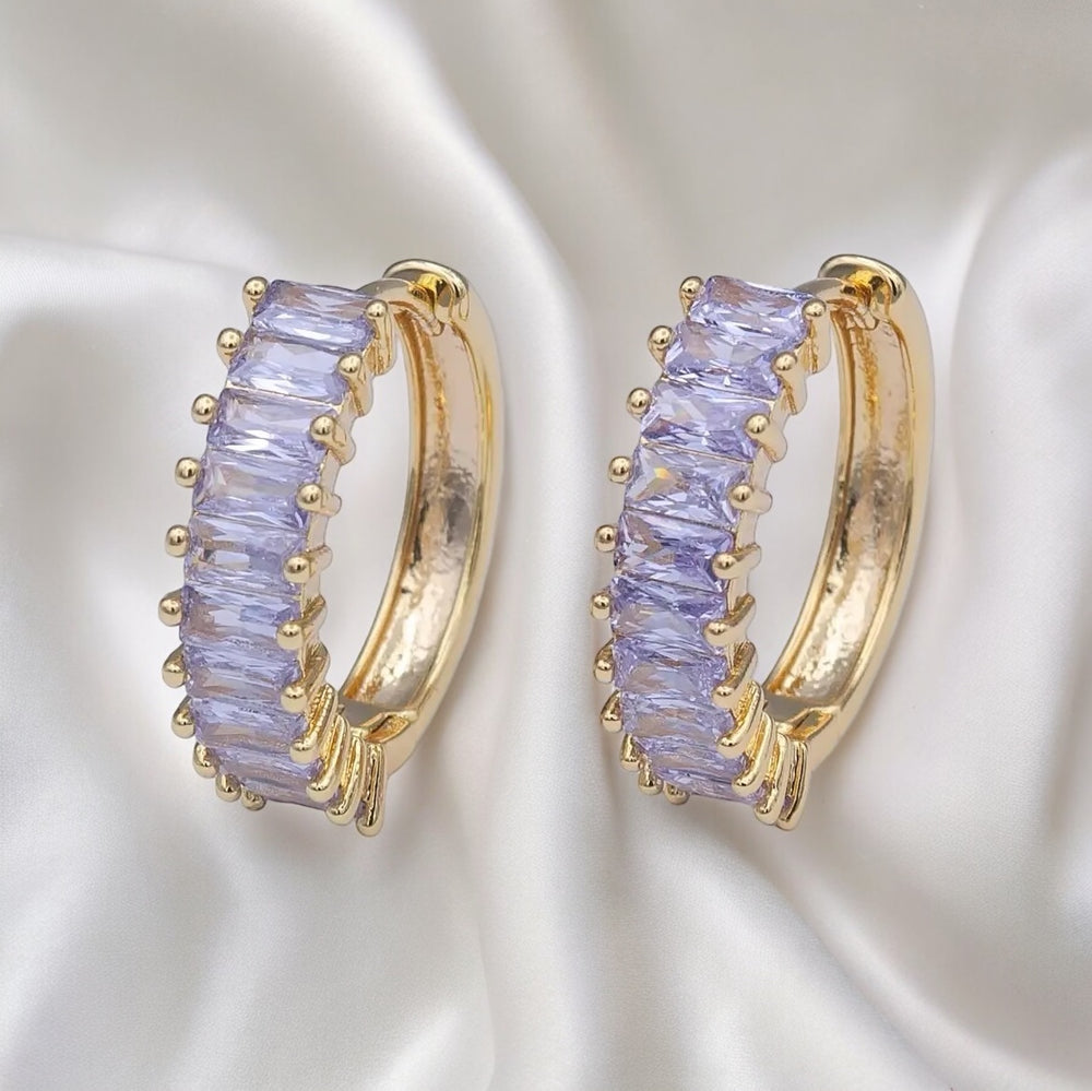 24K Gold Filled Clear Purple Baguette Lined 18.5mm Huggie Hoop Earrings
