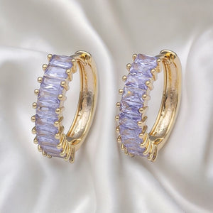 24K Gold Filled Clear Purple Baguette Lined 18.5mm Huggie Hoop Earrings