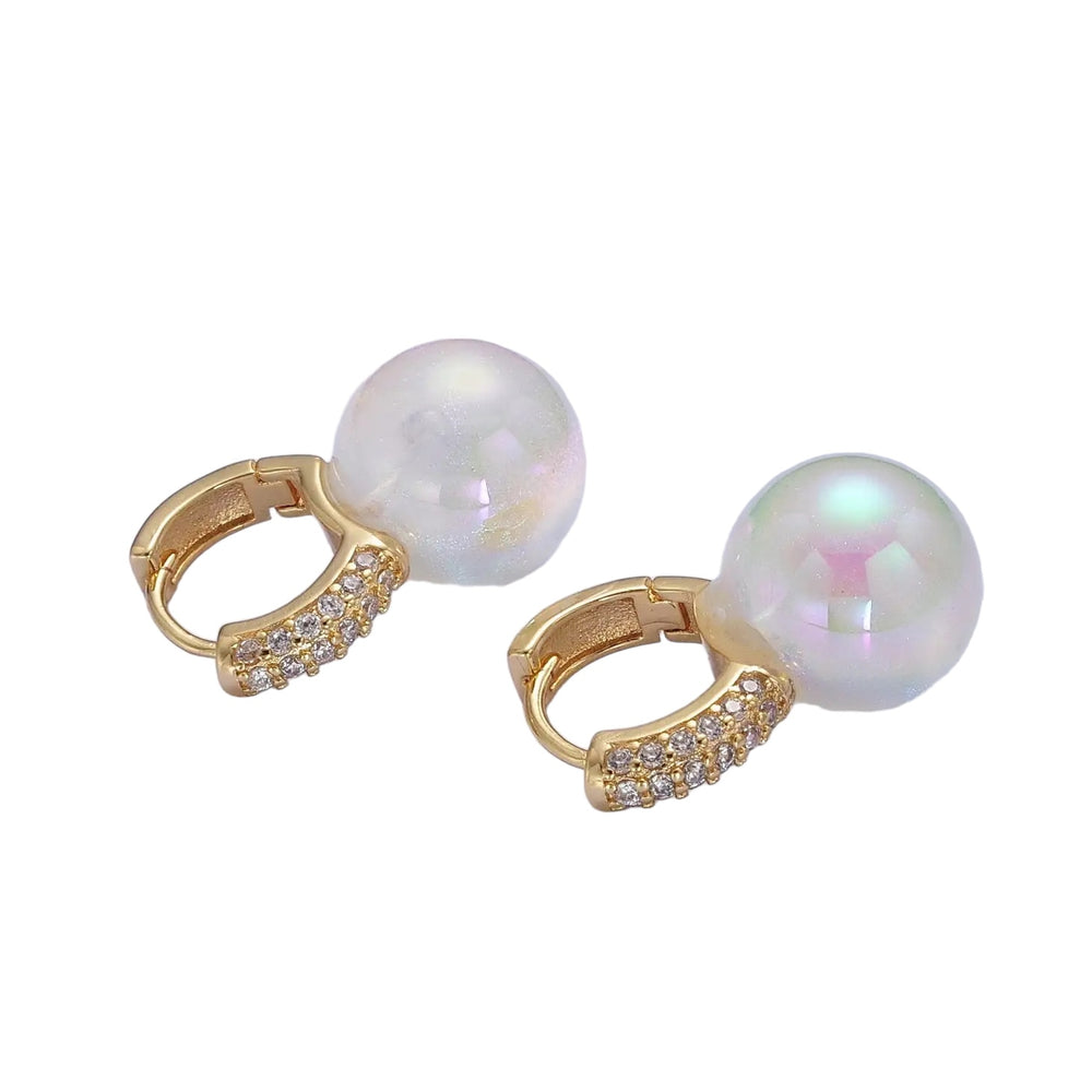 Gold Diamond Hoop Round White Pearl Huggie Earrings