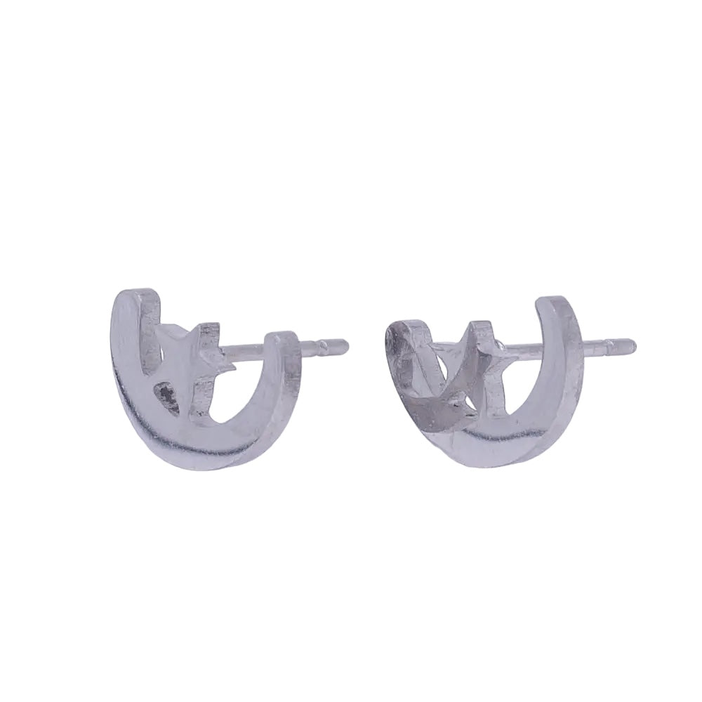 Stainless Steel Celestial Crescent Moon & Star Minimalist Silver Stud Earrings