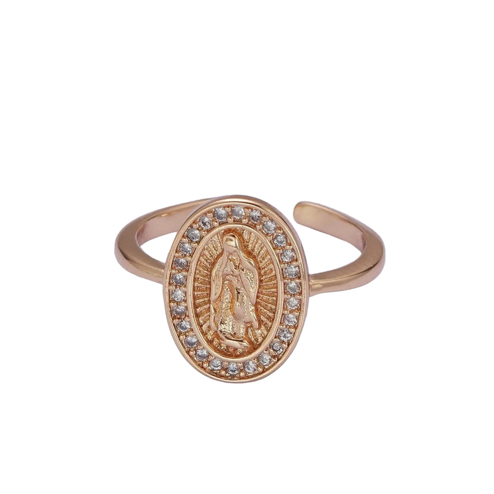 18K Gold Religious Oval Lady Guadalupe Adjustable Ring