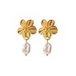 Flower Drop Pearl Earrings 18K Gold Plated Waterproof