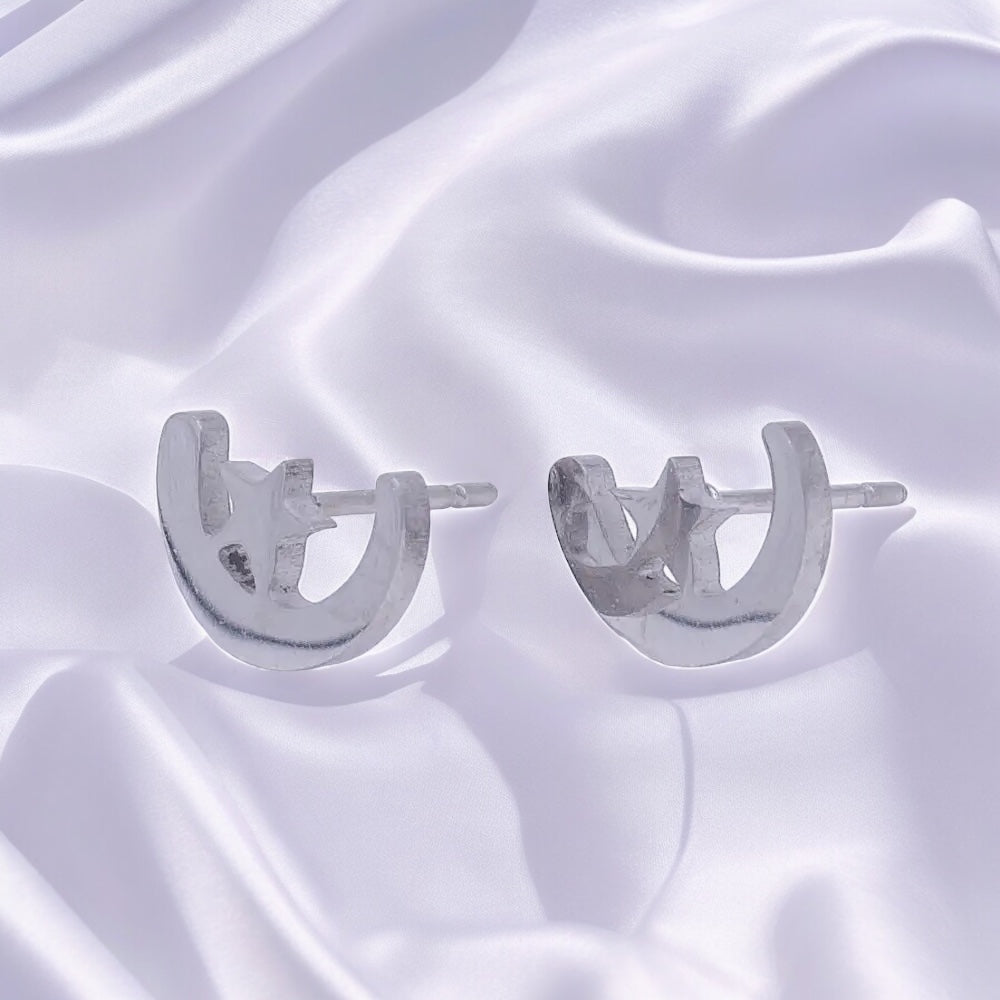 Stainless Steel Celestial Crescent Moon & Star Minimalist Silver Stud Earrings