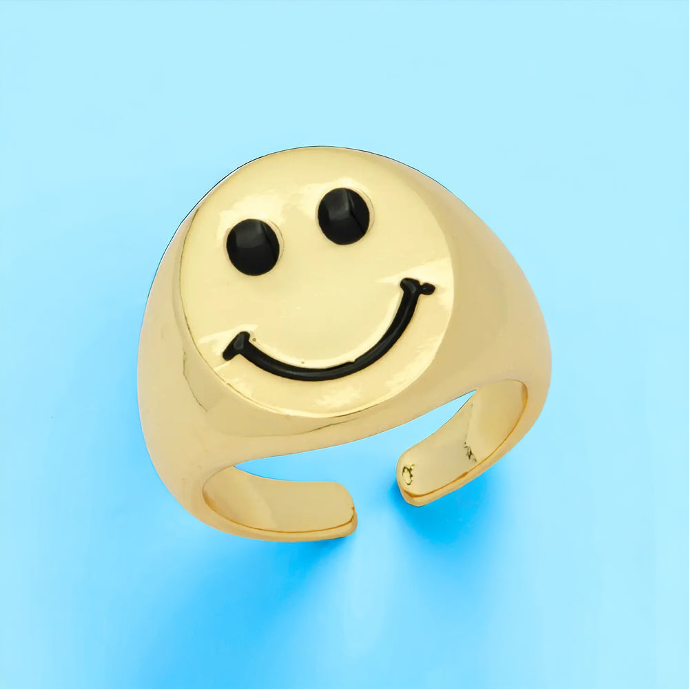 Smiley Face Adjustable Gold Signet Ring