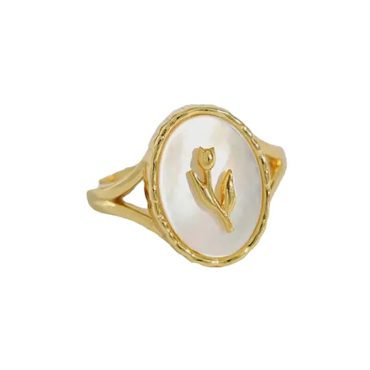 Rose Flower Pearl Oval Signet Ring in Gold & 925 Sterling Silver