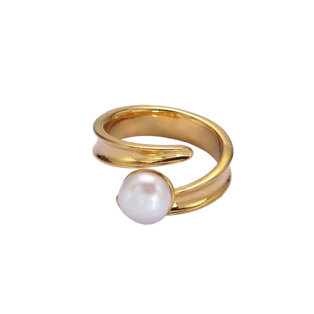 14K Gold Filled Pink, White Pearl Curved Wrap Band Minimalist Ring in Gold & Silver