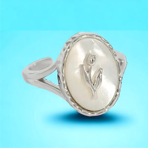 Rose Flower Pearl Oval Signet Ring in Gold & 925 Sterling Silver