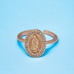 18K Gold Religious Oval Lady Guadalupe Adjustable Ring