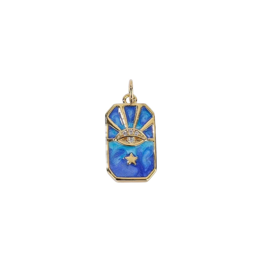 Gold Filled Blue Enamel Evil Eye Tag Charm Pendant