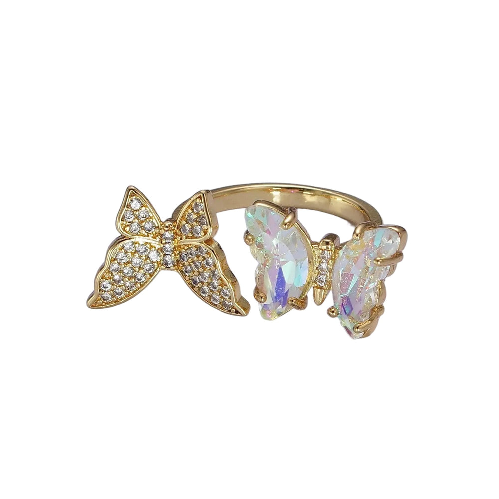 24K Gold Filled Micro Pave Cubic Zirconia Butterfly & Acrylic Adjustable Ring