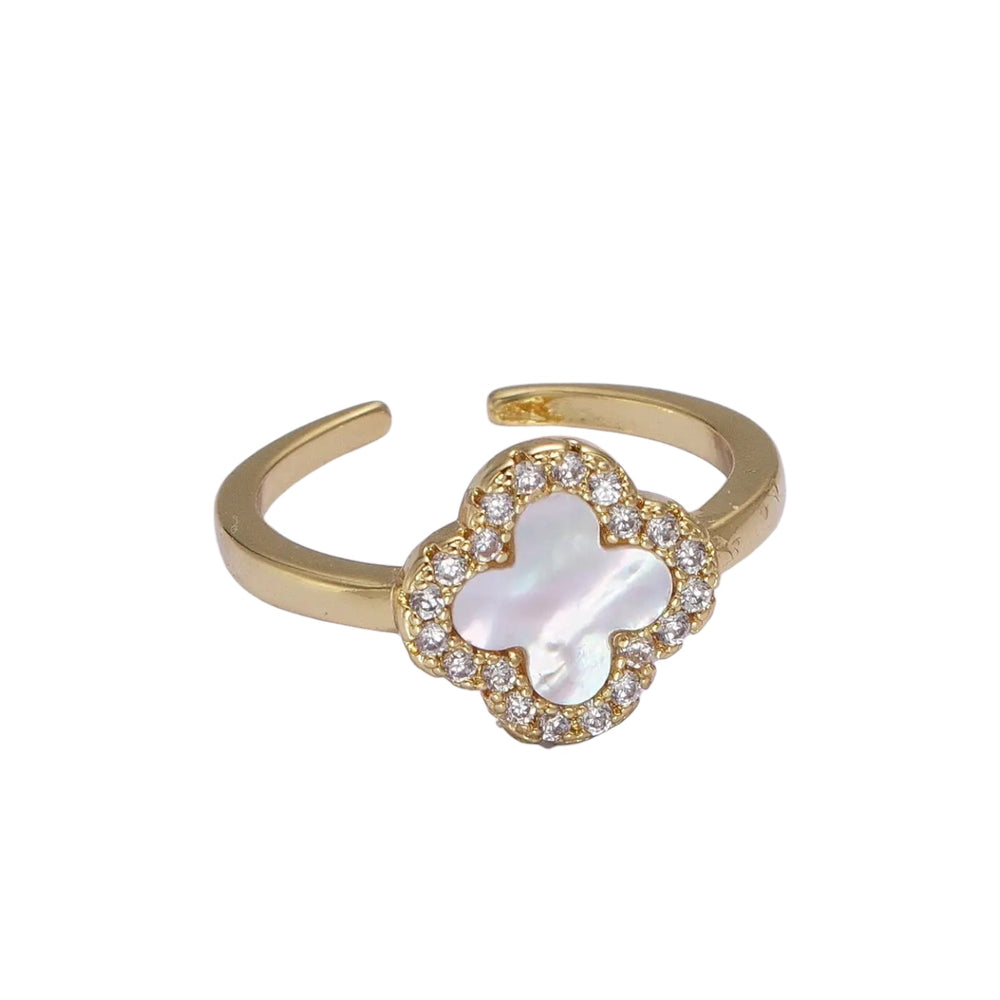 Shell Pearl Clover Lucky Four Leaf Gold Ring
