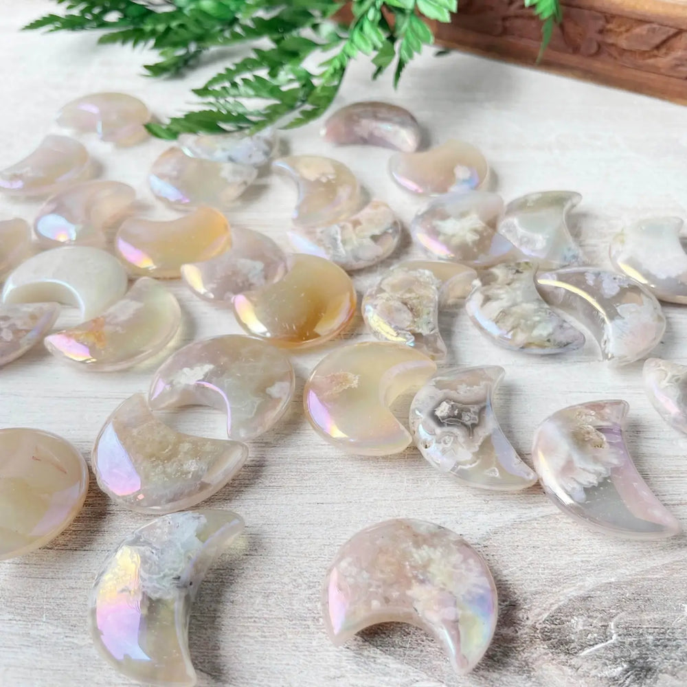 Aura Flower Agate Crescent Moon Pocket Stone
