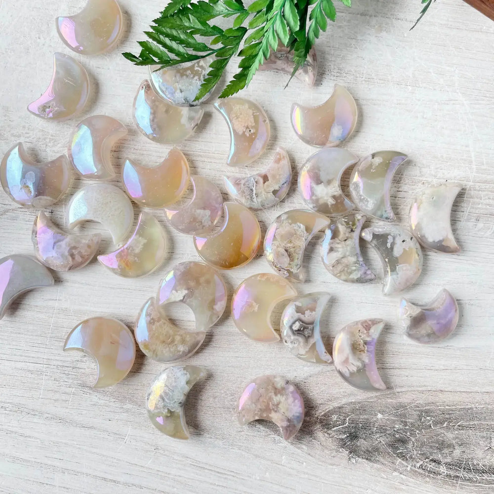 Aura Flower Agate Crescent Moon Pocket Stone