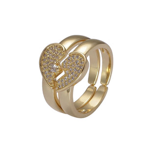 Twin Flame Heart Set For Couples Matching Gold Adjustable Rings