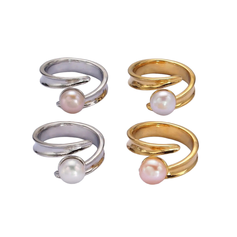 14K Gold Filled Pink, White Pearl Curved Wrap Band Minimalist Ring in Gold & Silver