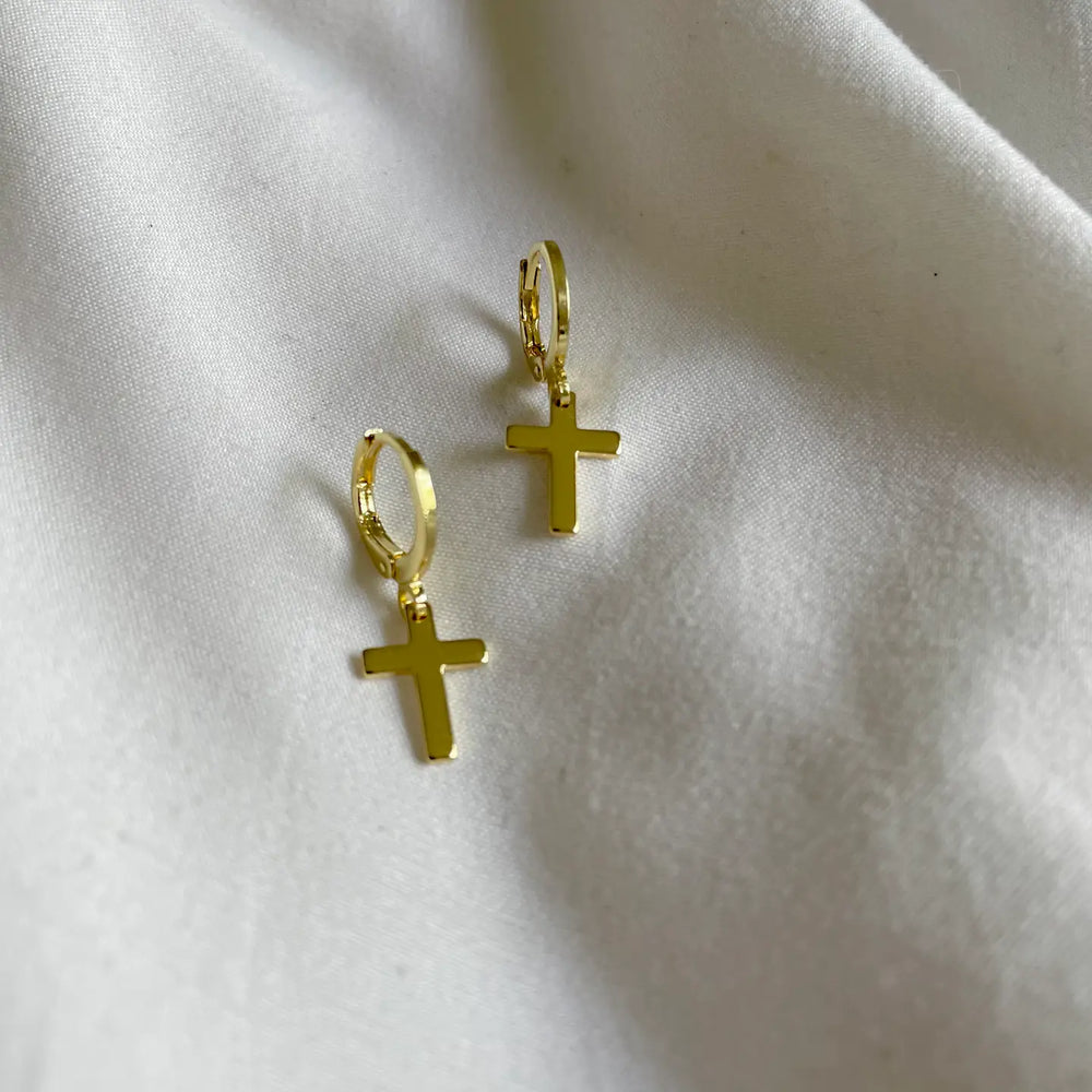 Say A Little Prayer Mini Cross Gold Huggie Earrings