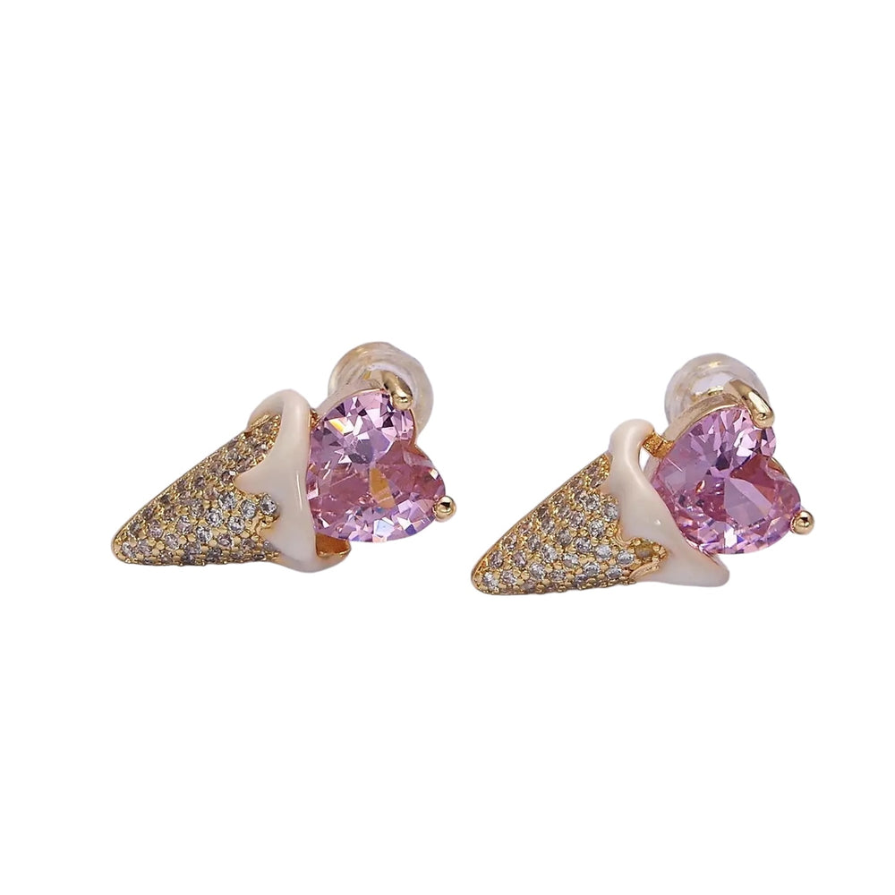 Gold Filled Pink Cz Heart Ice Cream Cone Stud Earrings