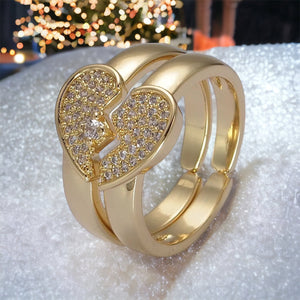 Twin Flame Heart Ring Set For Couples Matching Gold Adjustable Rings